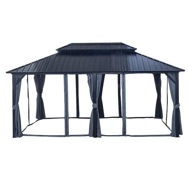 Boosicavelly 12 ft. x 18 ft. Black Aluminum Outdoor Hardtop Patio Gazebo with Netting and Curtains