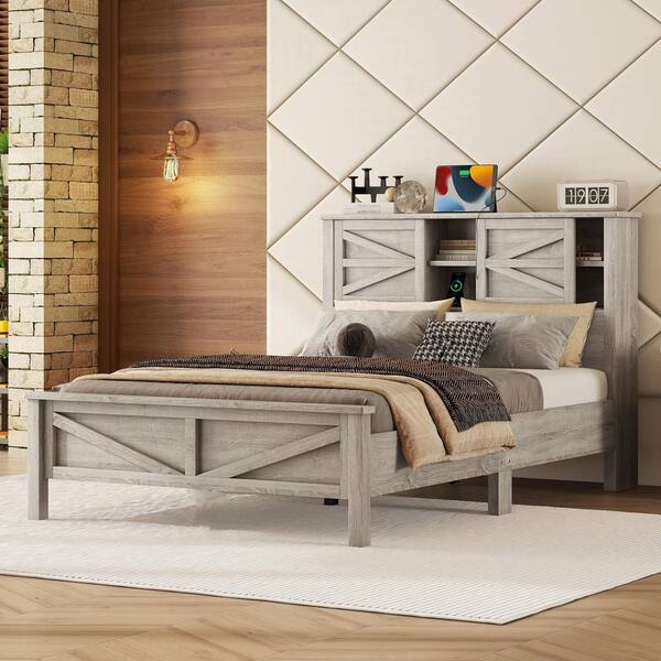 Harper & Bright Designs Antique Gray Wood Frame Full Size Platform Bed with Double Sliding Barn Door and Charging Station