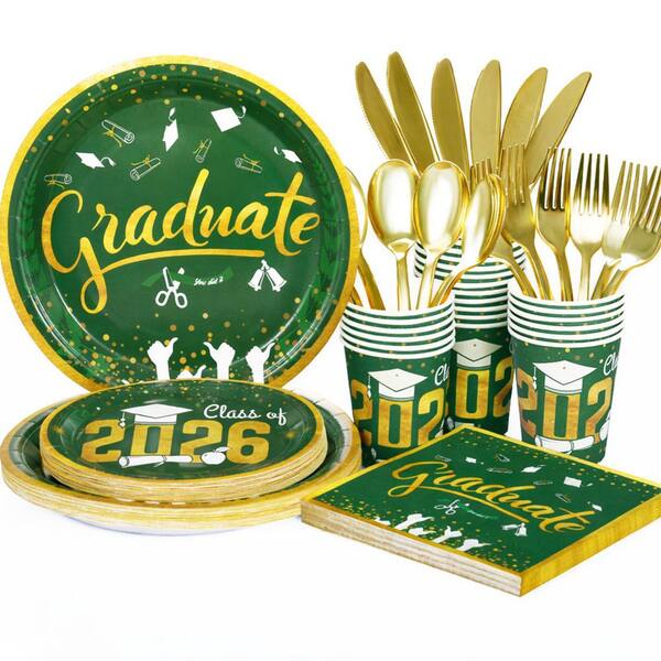 168-Piece Blue and Gold Graduation Party Plates Napkins Cups and Utensils Set for 24 Guests Class of 2025