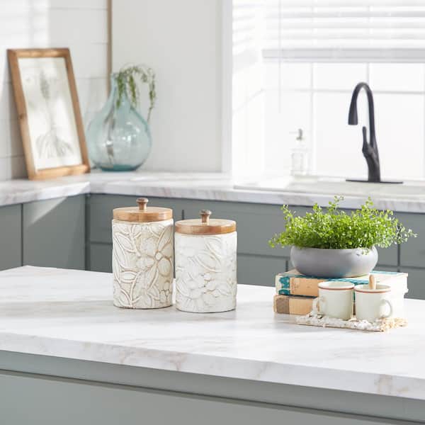 Litton Lane White Handmade Ceramic Intricately Carved Decorative Jars with Wood Lids (Set of 2)