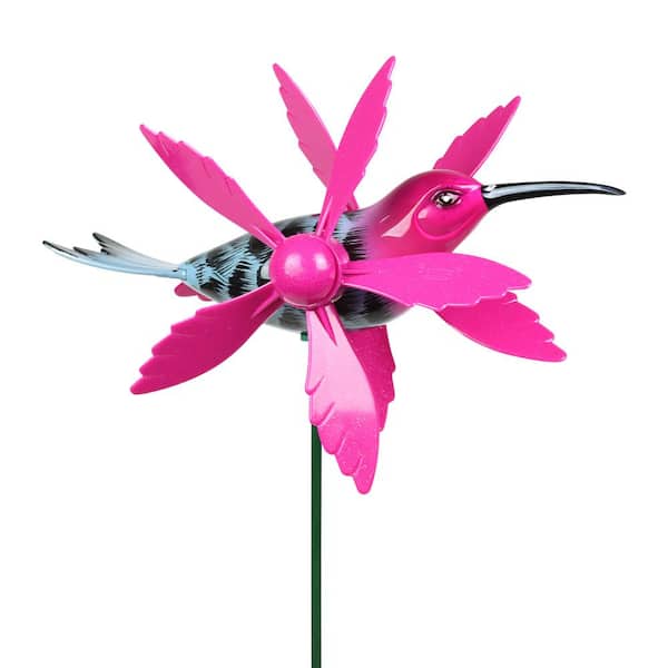 WindyWing Whirligig Hummingbird 2.4 ft. Pink Grey Metallic Multi-Color Plastic Garden Stake