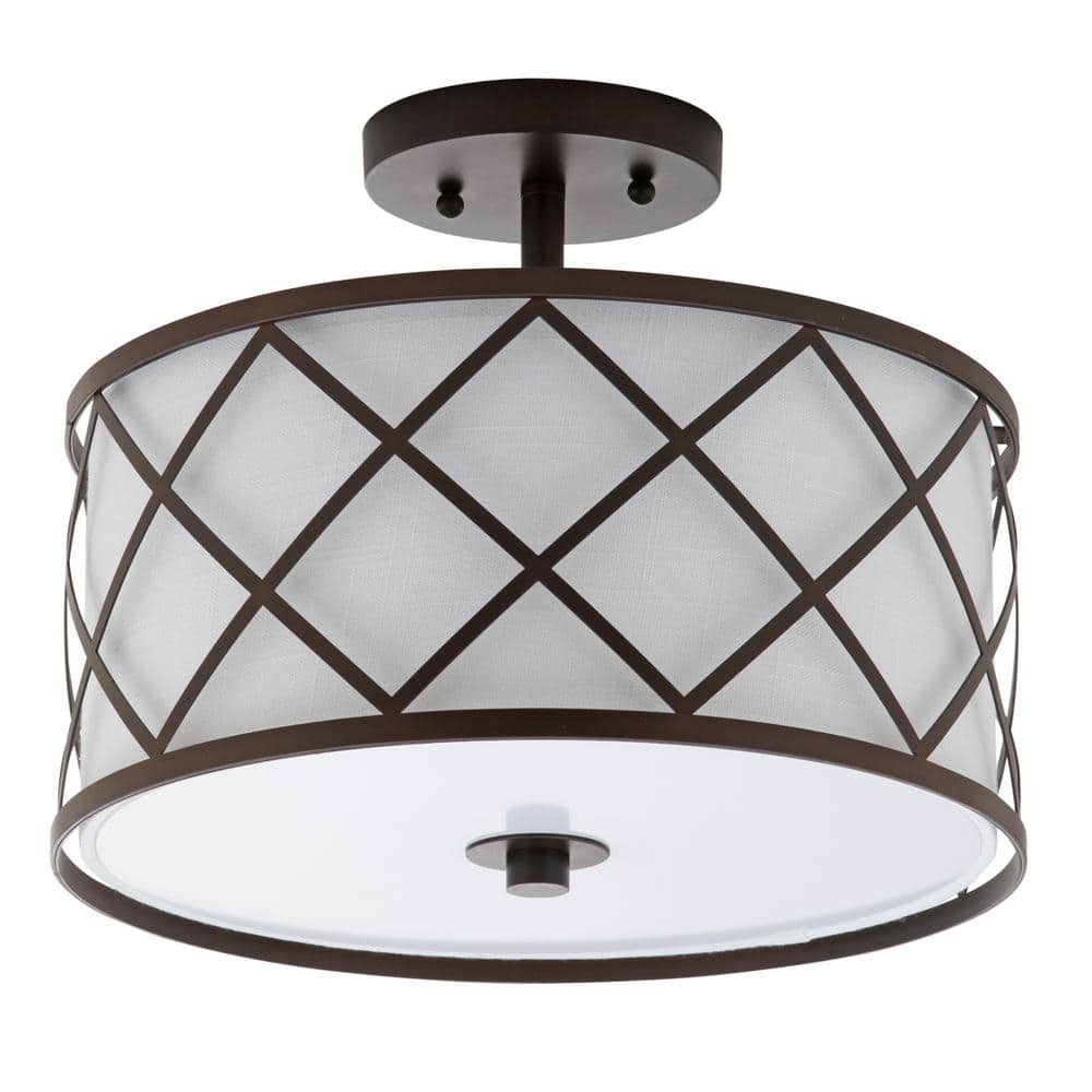 Transitional Elegance 13.25" Bronze LED Flush Mount with White Linen Shade