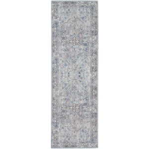 57 Grand Machine Washable Light Grey/Blue 2 ft. x 8 ft. Bordered Traditional Kitchen Runner Area Rug
