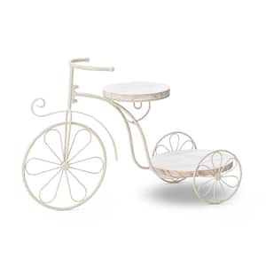 18 in. L Washed White Solid Wood and Metal Tricycle Planter Stand