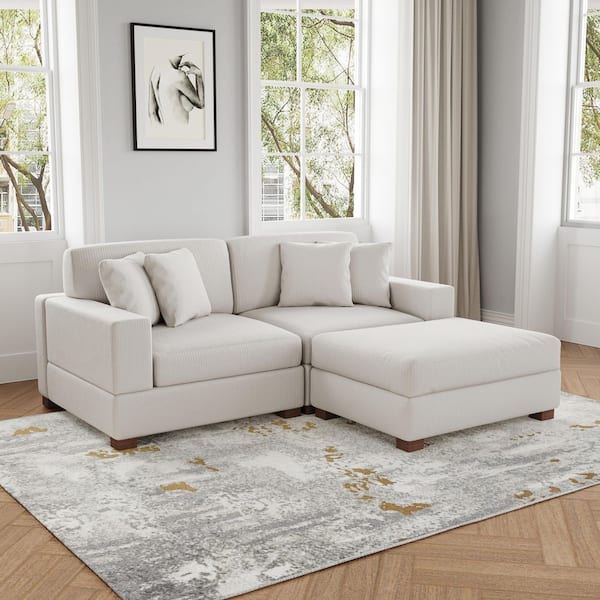 83 in. W Modern Square Arm 3-Piece Corduroy Fabric L-Shaped Sectional Sofa in Beige