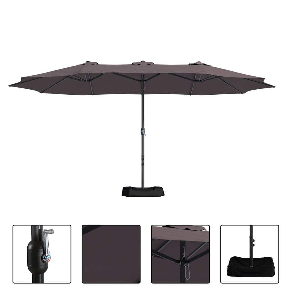 15 ft. Brown Aluminum Market Patio Umbrella with Stand