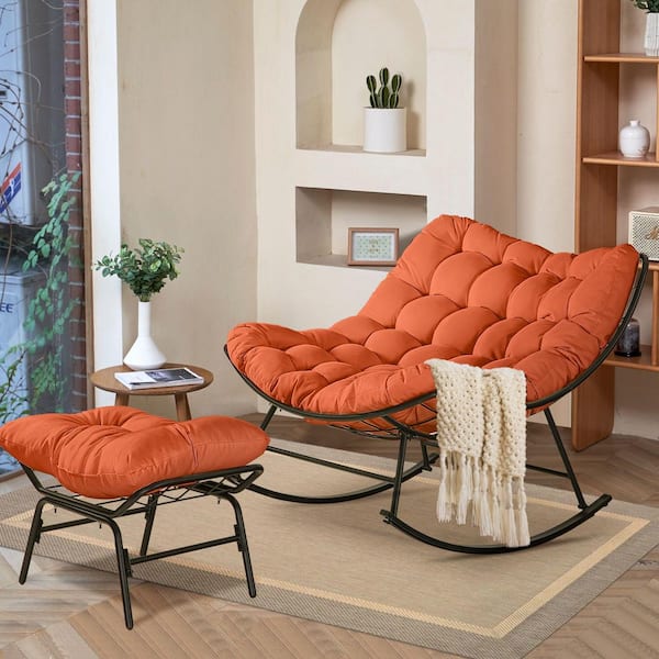 Modern Egg Style Large Size Metal Rocking Papasan Chair with Ottoman and Orange Cushions