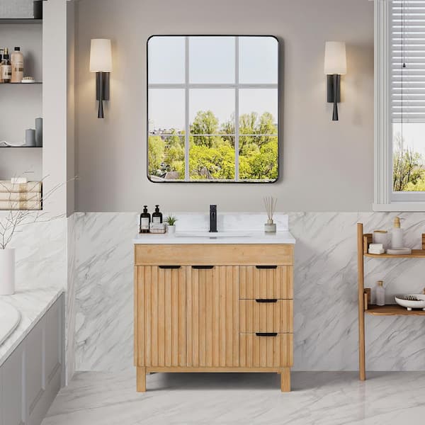 ROSWELL Palos 36 in. W x 22 in. D x 33.9 in. H Single Sink Bath Vanity in Fir Wood Brown with White Grain Stone Top