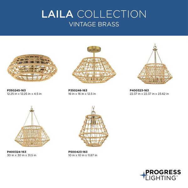 Progress Lighting Laila Collection 22.37 in. 4-Light Vintage Brass Chandelier with Woven Jute Accents