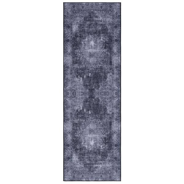 SAFAVIEH Tucson Black/Gray 3 ft. x 8 ft. Machine Washable Border Floral Medallion Runner Rug