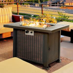 34 in. 50,000 BTU Square Steel Gas Outdoor Patio Fire Pit Table with Glass Wind Guard, Lid, Lava Rocks in Black