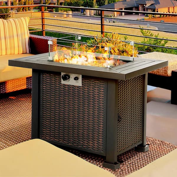 34 in. 50,000-BTU Square Steel  Outdoor Patio Fire Pit Table with Glass Wind Guard, Lid, Lava Rocks in Black
