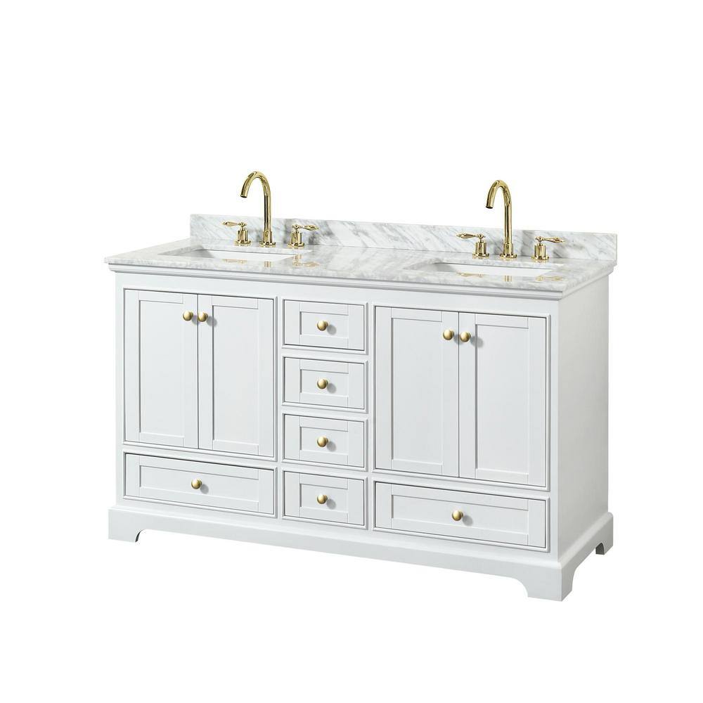 Deborah 60" White and Gold Double Bathroom Vanity with Marble Top