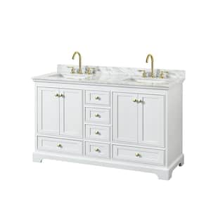 Deborah 60 in. W x 22 in. D x 35 in. H Double Sink Bath Vanity in White with White Carrara Marble Top
