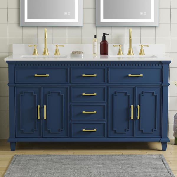 60 in. W 22 in D. x 38 in. H Bath Vanity in Blue with White Engineered Quartz Top