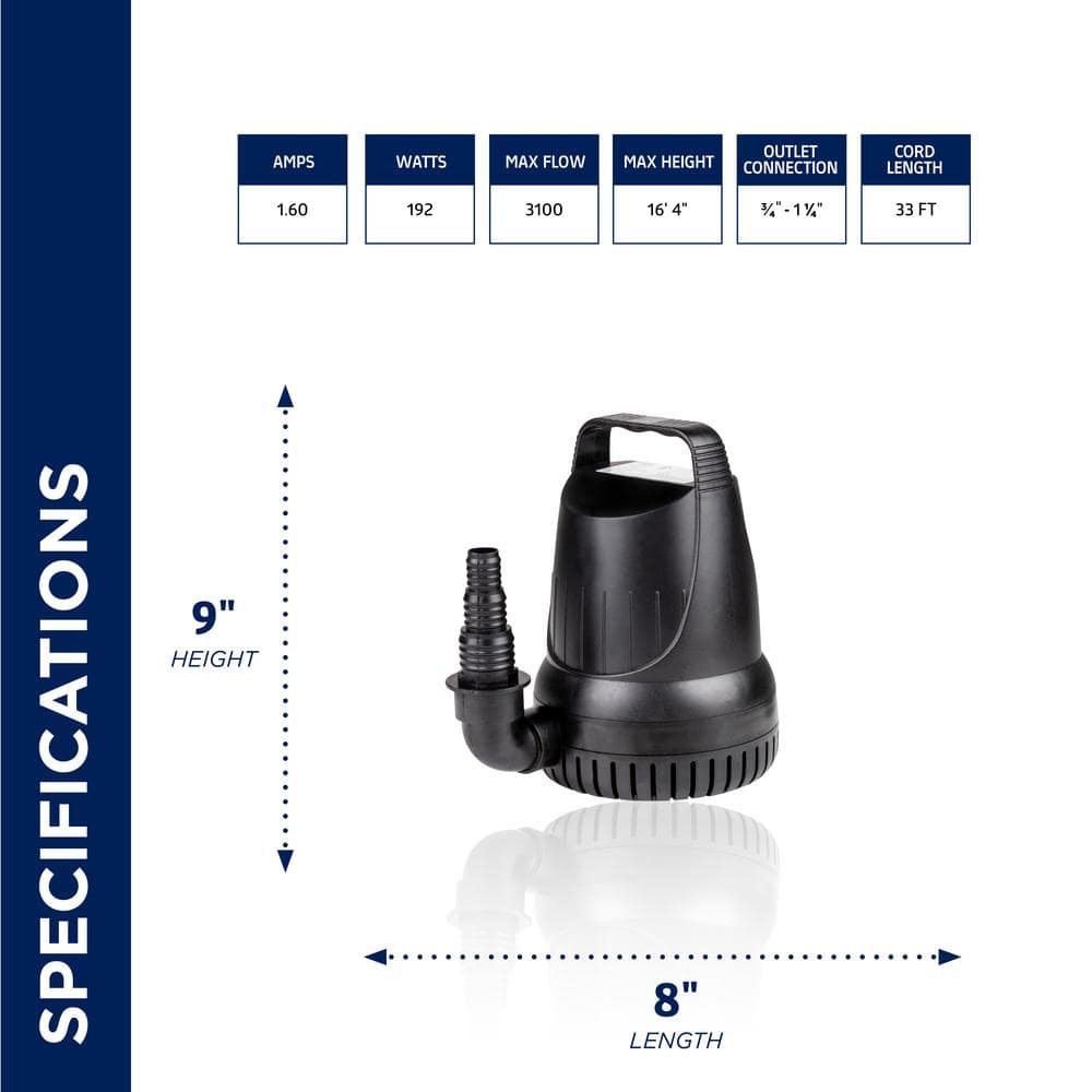 Alpine Black Heavy-Duty Submersible Pond Pump 3100 GPH