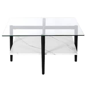 32 in. Black Square Glass Coffee Table with Shelves;Storage