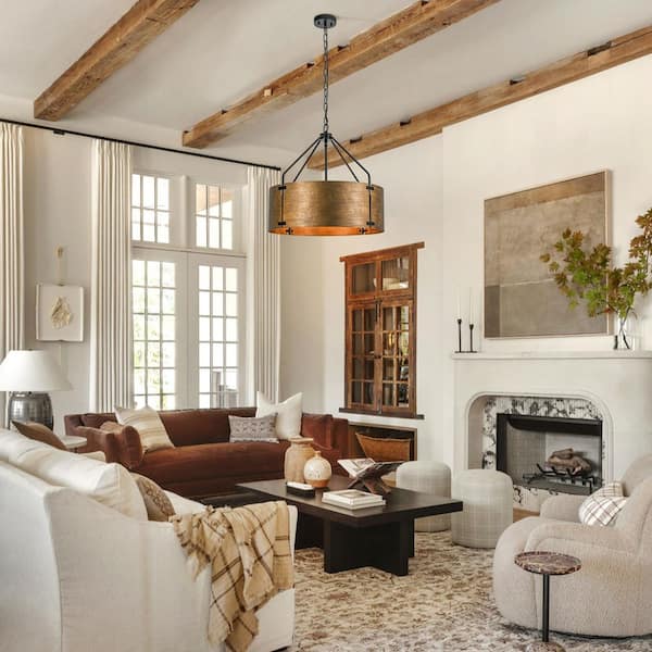 22.05 in. 4-Light Rustic Antique Bronze Drum Pendant Light