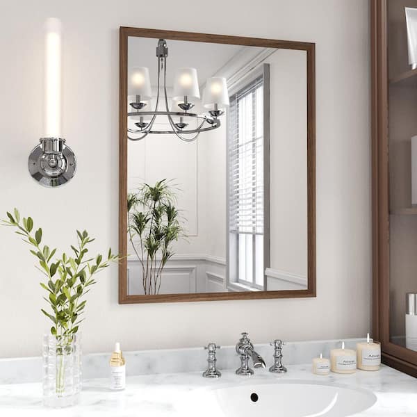 Walnut 24 in. W x 36 in. H Rectangle Farmhouse Wall Mounted Framed Mirror, Anti-Rust Bathroom Vanity Mirrors