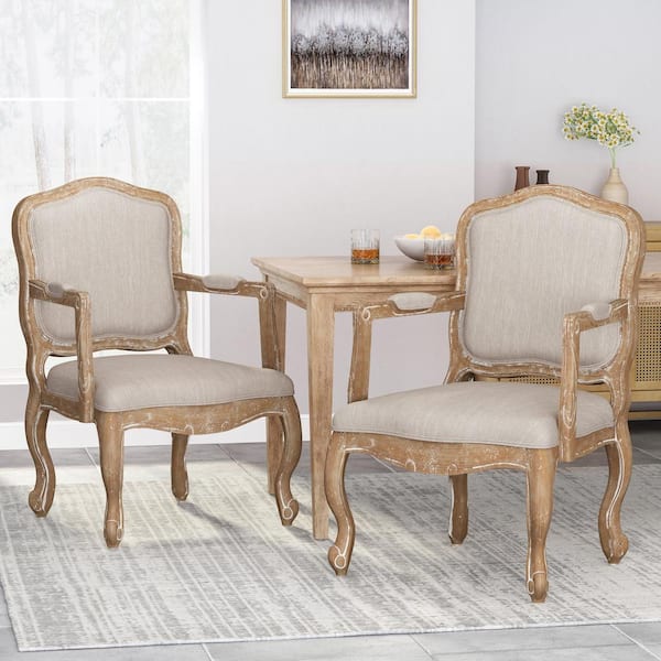 Noble House Huller Beige and Natural Wood and Fabric Arm Chair (Set of 2)  105455 - The Home Depot