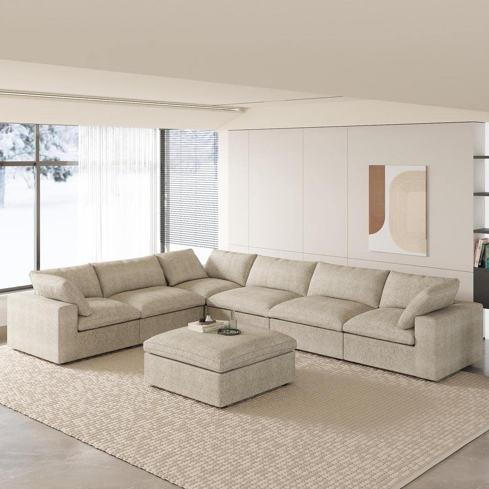 113 in. W Rolled Arm 3-Piece Polyester U Shape Chenille Chesterfield 6 Seats Sectional Sofa in Gray with 3-Pillows