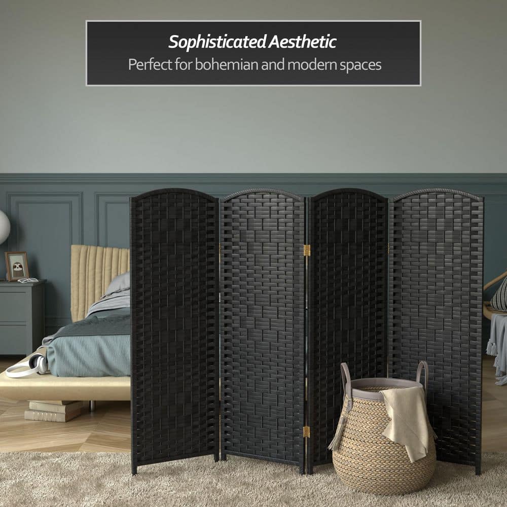 4 Ft Tall Black Woven Plant Fiber Folding Screen with 4 Panels