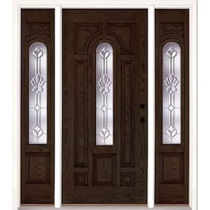 67.5 in.x81.625 in. Medina Zinc Center Arch Lite Stained Walnut Oak Left-Hand Fiberglass Prehung Front Door w/Sidelites