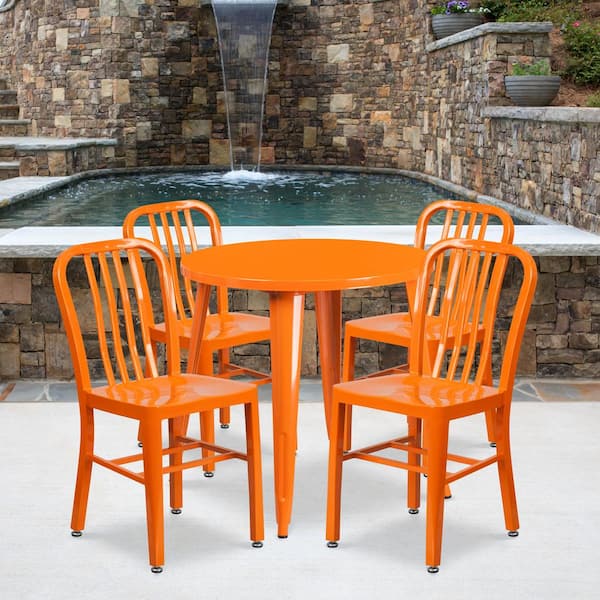 Carnegy Avenue Orange Metal Outdoor Dining Chair in Brown, Orange/Teak