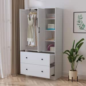 White Wood Armoires Wardrobe W/Mirror, Pulling Hanging Rod, Drawers and Shelves( 15.8 in. D x 35.5 in. W x 70.8 in. H)
