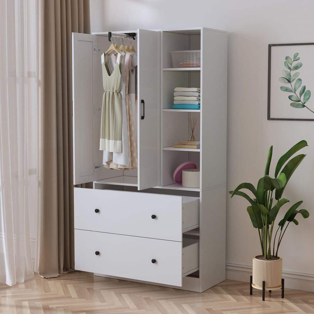 White Wood Armoires Wardrobe W/Mirror, Pulling Hanging Rod, Drawers and Shelves( 15.8 in. D x 35.5 in. W x 70.8 in. H) - thumbnail 2
