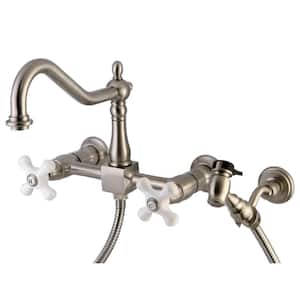 Heritage 2-Handle Wall-Mount Standard Kitchen Faucet with Side Sprayer in Brushed Nickel