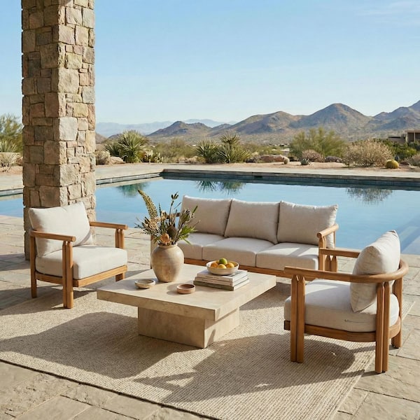 Greenfield Outdoor 3 Piece Light Teak Finish Solid Wood Patio Conversation Set with Beige Cushions, 4 Seats