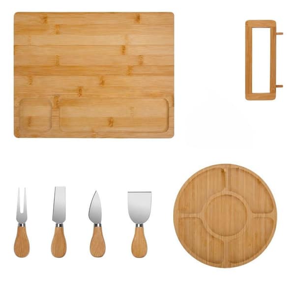 13.78 in. Bamboo Charcuterie Serving Board Set with Divided Storage Compartments, 4 Stainless Steel Cheese Knives, Tray