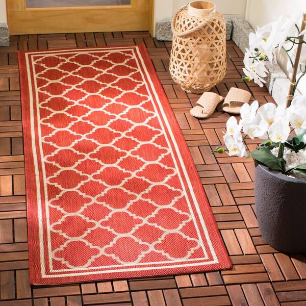 Courtyard Red/Bone 2 ft. x 12 ft. Geometric Indoor/Outdoor Patio  Runner Rug