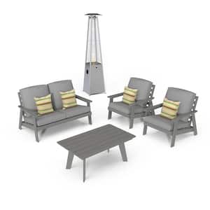 5-Piece Patio Conversation Set HIPS Plastic Lounge Chairs Coffee Table with Outdoor Heater and Gray Cushions