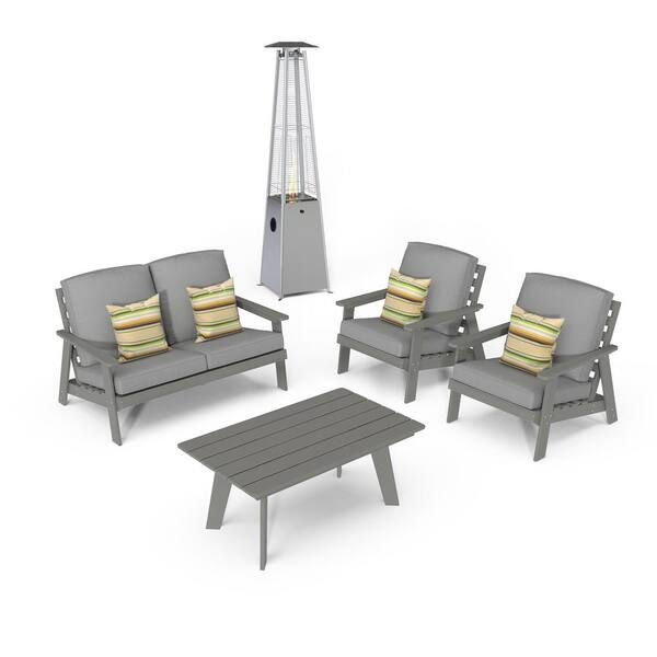 Mondawe 5-Piece Patio Conversation Set HIPS Plastic Lounge Chairs Coffee Table with Outdoor Heater and Gray Cushions