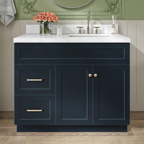 ARIEL Hamlet 42.25 in. W x 22 in. D x 36 in. H Single Sink Freestanding Bath Vanity in Midnight Blue with Carrara Quartz Top