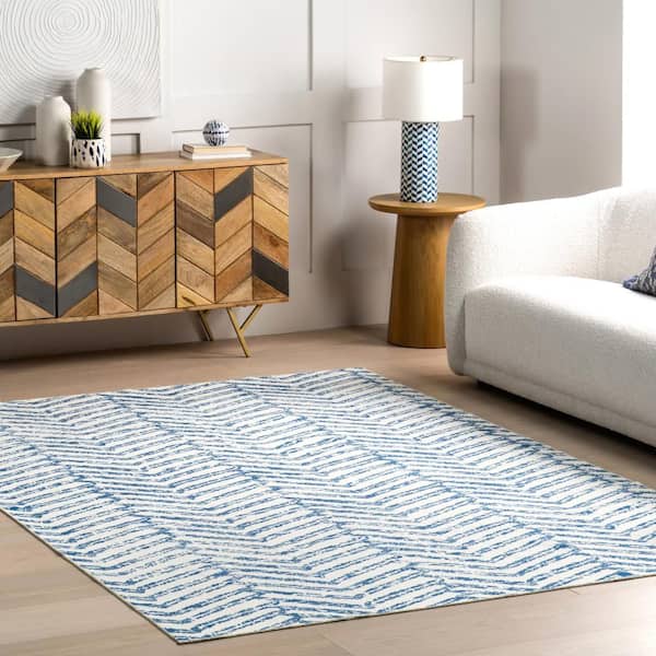 Zendaya SplashGuard Machine Washable Area Blue 3 ft. x 12 ft. Indoor Runner Rug
