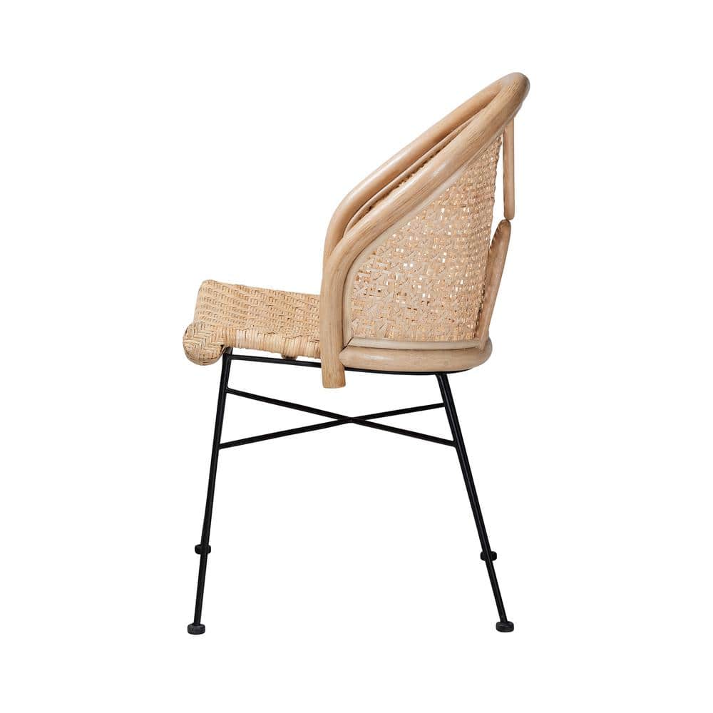 Natural Brown Rattan and Black Metal Dining Chair
