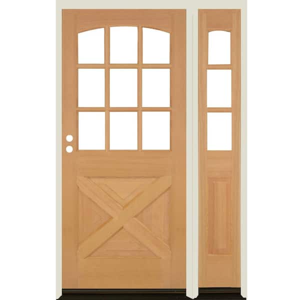 Krosswood Doors 50 in. x 80 in. Farmhouse X Panel RH 1/2 Lite Clear Glass Unfinished Hemlock Wood Prehung Front Door with RSL