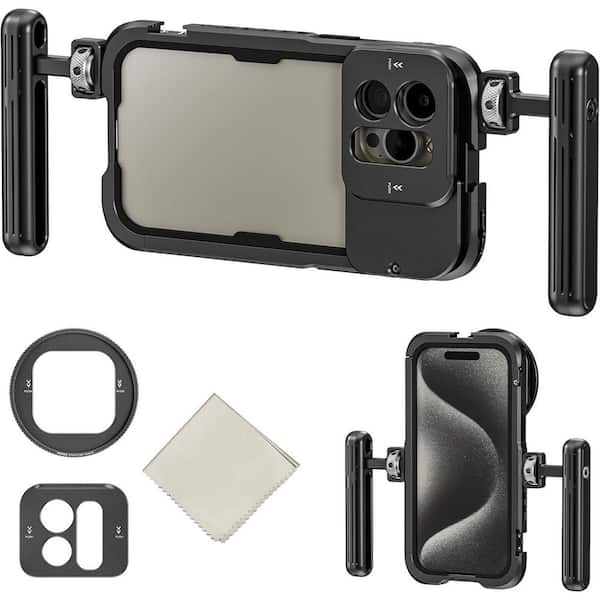 OBJLGEV 15 Pro Max Cage Video Rig with Dual Handles Quick Release 67mm Filter Adapter 17mm Lens Backplane Aluminum Case