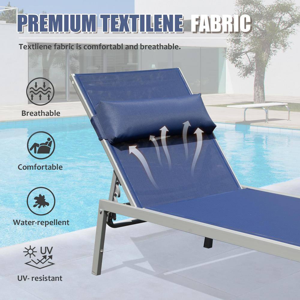 Navy Blue Aluminum Outdoor Adjustable Chaise Lounge Set with Side Table