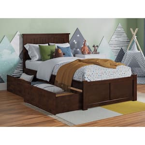 Nantucket Walnut Brown Solid Wood Frame Twin Platform Bed with Footboard and Storage Drawers