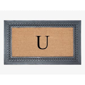 A1HC Square Geometric Black/Beige 24 in. x 39 in. Rubber and Coir Heavy Duty Easy to Clean Monogrammed U Door Mat