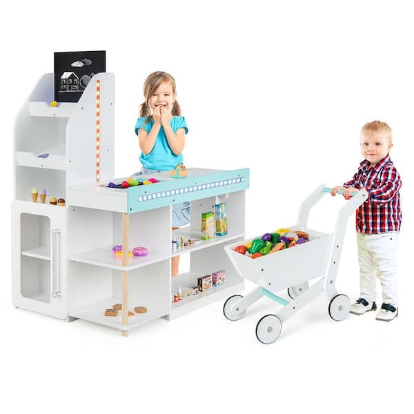 Kids Supermarket Shopping Set with Shopping Cart Blackboard LED Lights Interactive