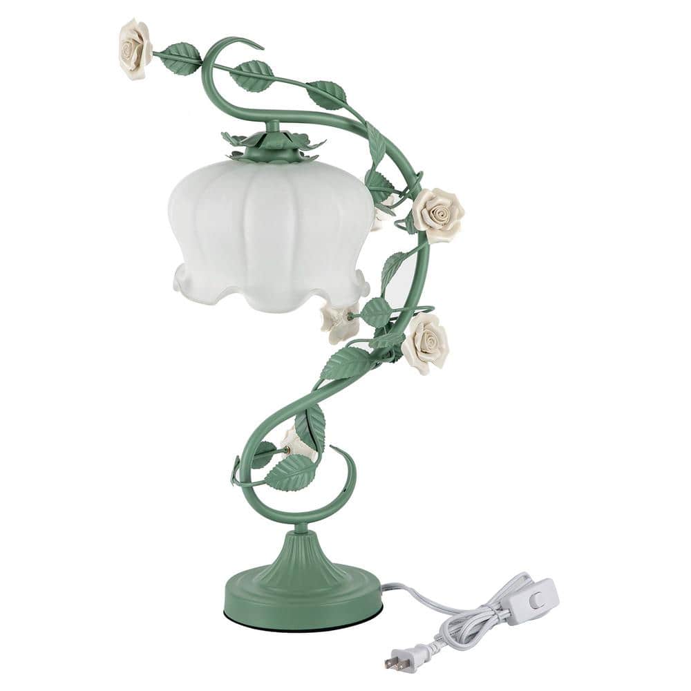 OUKANING 20.5 in. Green Retro Rose Glass Gooseneck Desk Lamp with White
