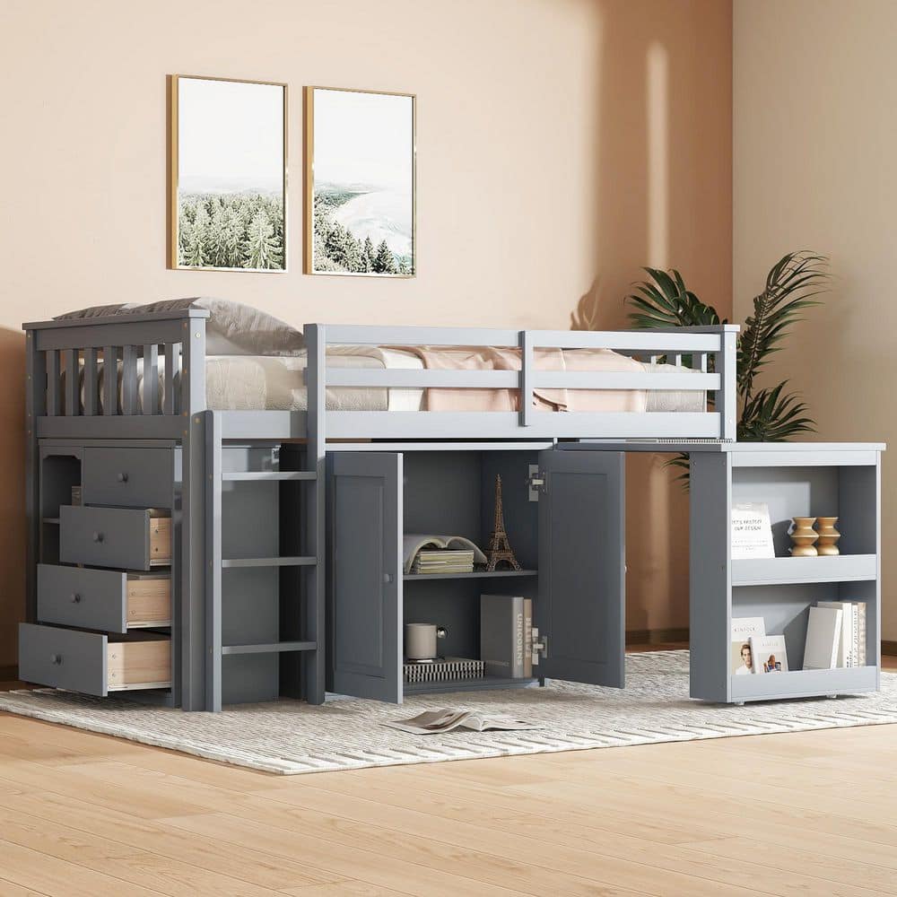 Gray Wood Frame Twin Size Loft Bed with Storage Cabinet, Drawer and Shelf Cabinet and Pulling-Out Desk, Ladder price history on PriceWatchPro