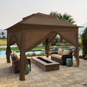 11 ft. x 11 ft. Brown Portable Pop up 2-Tier Gazebo with 4 Sidewalls Outdoor Canopy Shelter with Carry Bag
