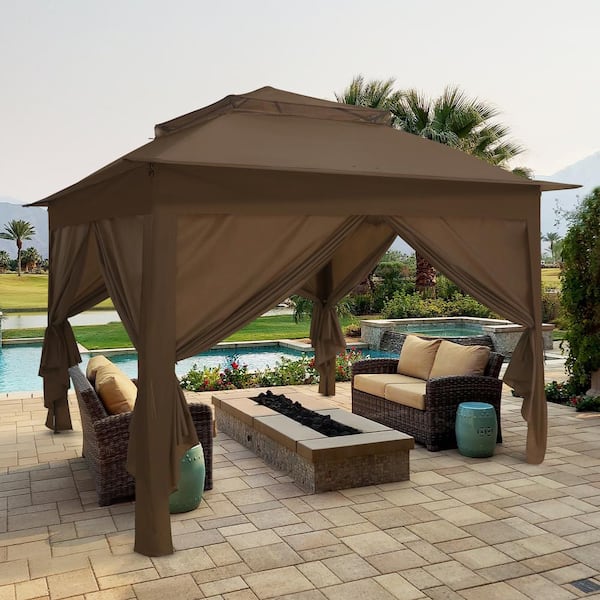 COOS BAY 11 ft. x 11 ft. Brown Portable Pop up 2-Tier Gazebo with 4 Sidewalls Outdoor Canopy Shelter with Carry Bag