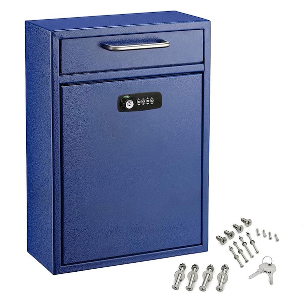 AdirOffice Large Drop Box Wall Mounted Locking Drop Box Mailbox with Key and Combination lock, Blue